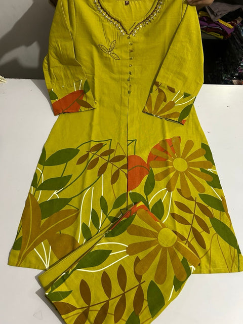 Swarit Leaf Print Cotton Coord Set with Handwork Neckline