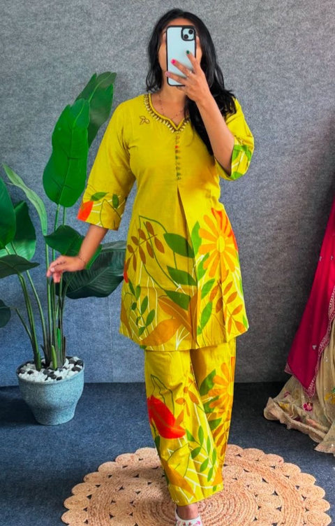 Swarit Leaf Print Cotton Coord Set with Handwork Neckline