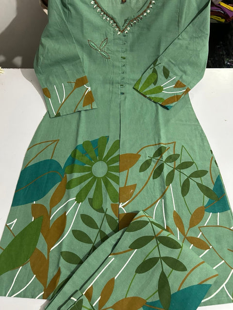 Swarit Leaf Print Cotton Coord Set with Handwork Neckline