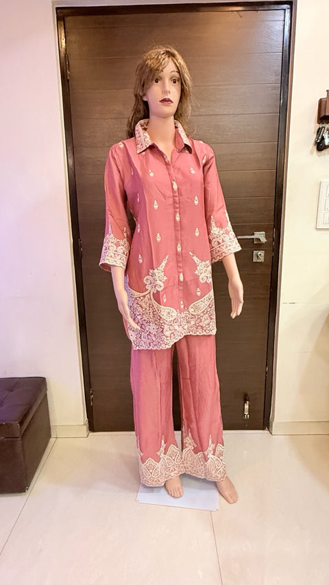 Puja Peach Pink Heavy Embroidered Coord Set
