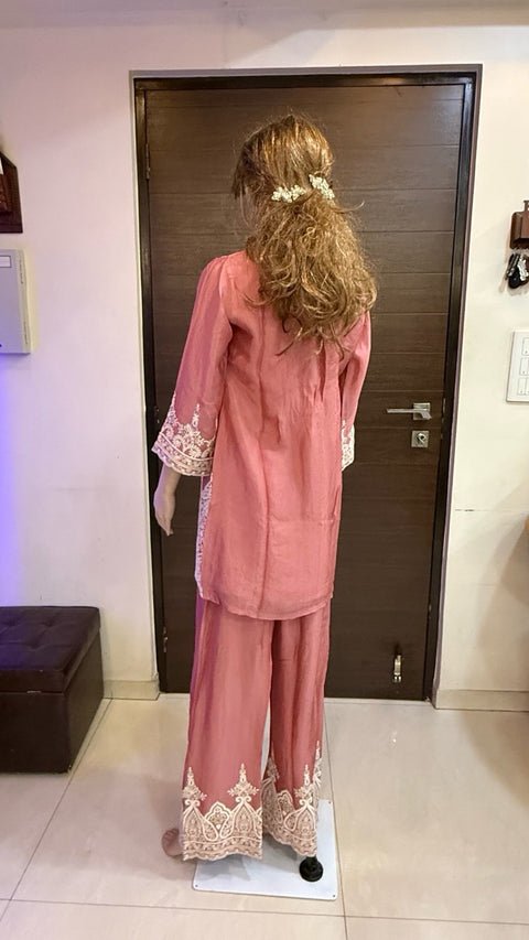 Puja Peach Pink Heavy Embroidered Coord Set