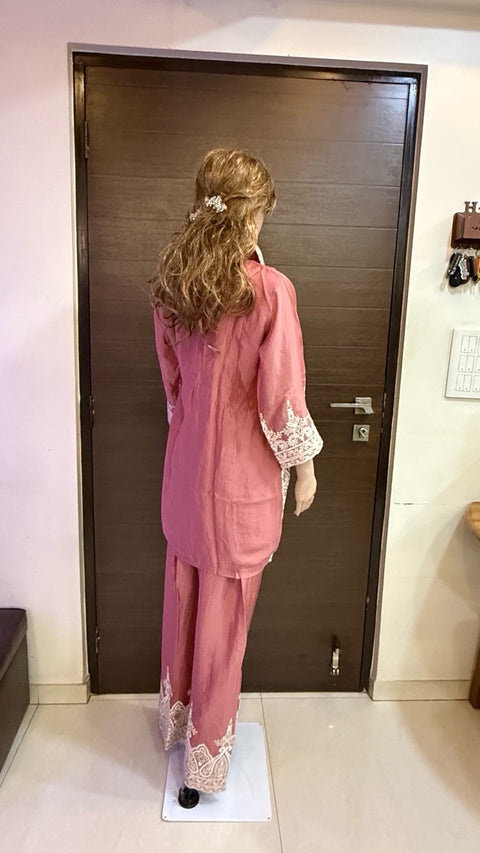 Puja Peach Pink Heavy Embroidered Coord Set