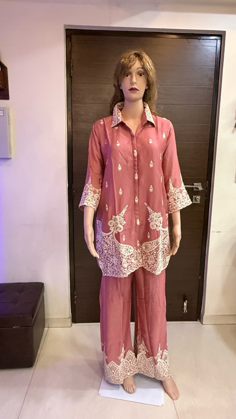 Puja Peach Pink Heavy Embroidered Coord Set