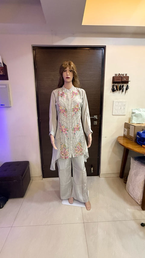 Puja Pastel Grey Embroidered High-Low Coord Set