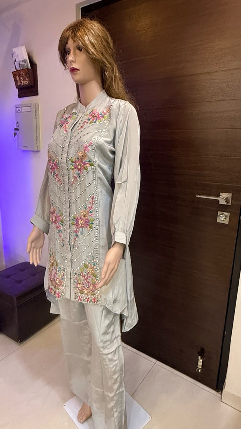 Puja Pastel Grey Embroidered High-Low Coord Set