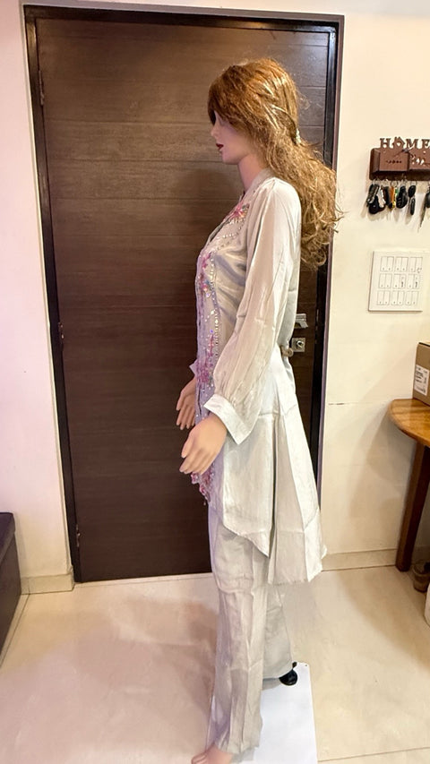 Puja Pastel Grey Embroidered High-Low Coord Set