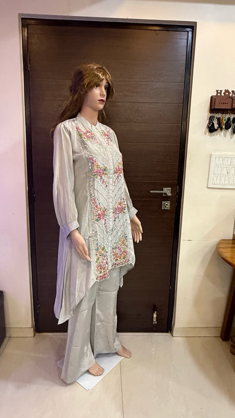 Puja Pastel Grey Embroidered High-Low Coord Set