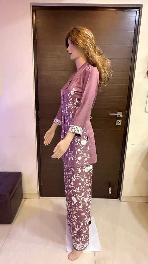 Puja Mauve Pink Ethnic Floral Embroidered Coord Set