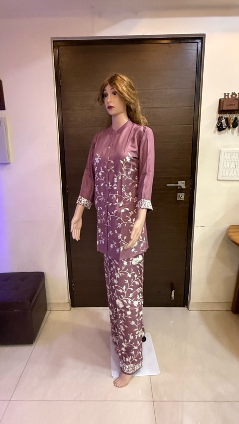 Puja Mauve Pink Ethnic Floral Embroidered Coord Set
