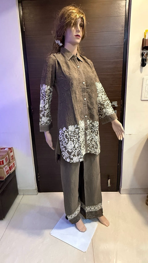 Puja Brown Chikankari Embroidered Kurti with Pants Set