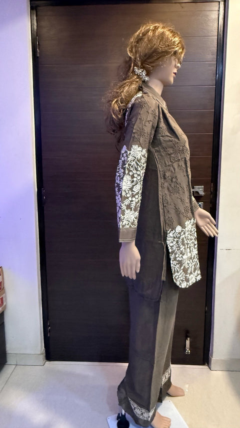 Puja Brown Chikankari Embroidered Kurti with Pants Set