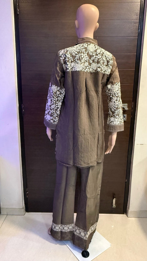 Puja Brown Chikankari Embroidered Kurti with Pants Set