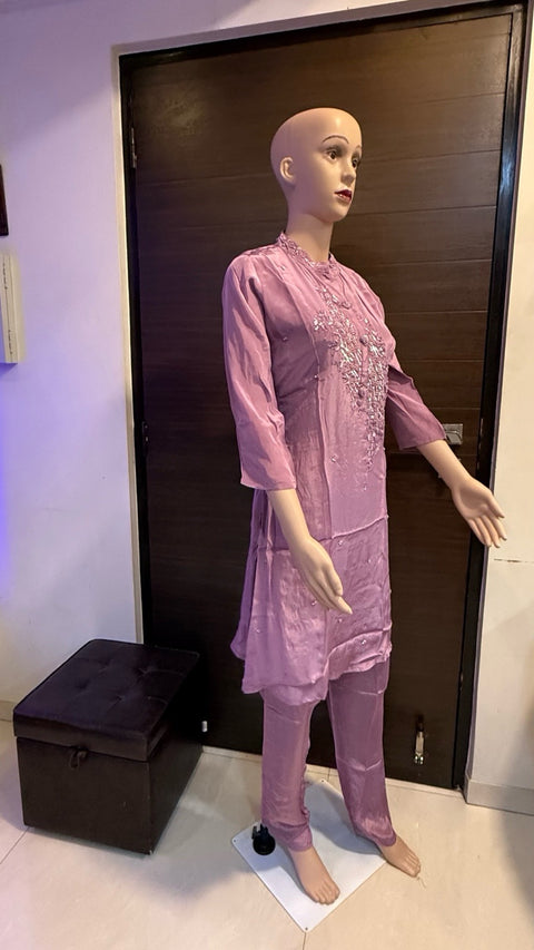 Puja Pink Thread & Sequin Embroidered Kurti with Pants Set