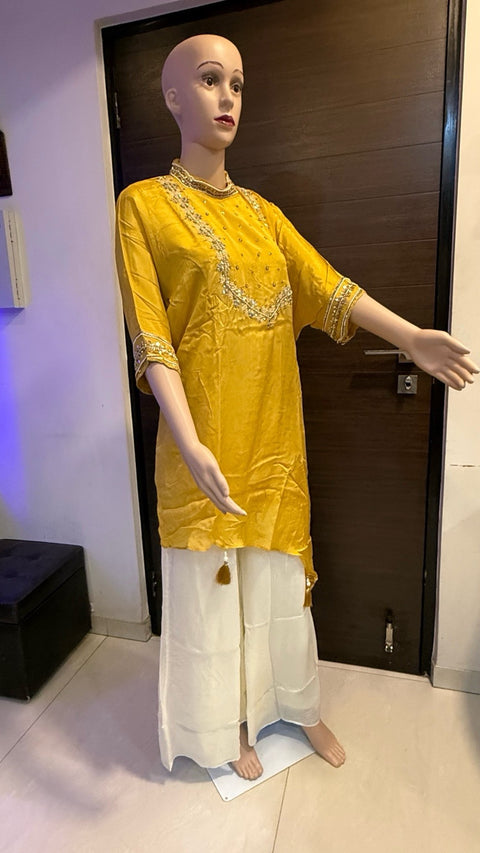 Puja Mustard Yellow Embroidered Kurti with White Palazzo Set