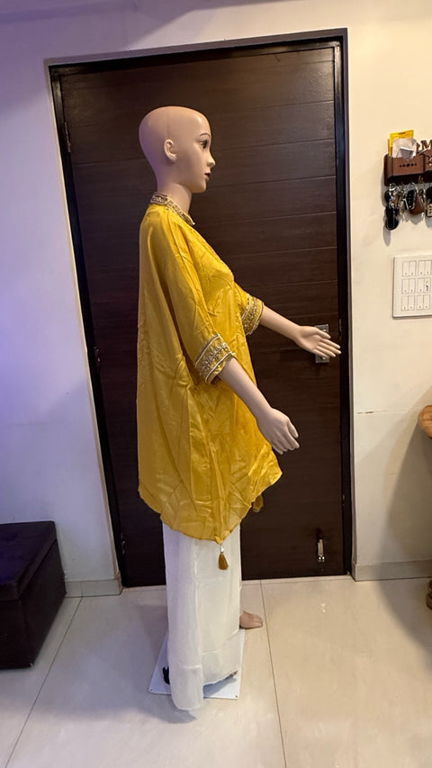 Puja Mustard Yellow Embroidered Kurti with White Palazzo Set