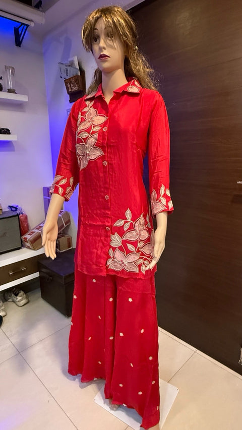 Puja Red Floral Embroidered Kurti with Sharara Set