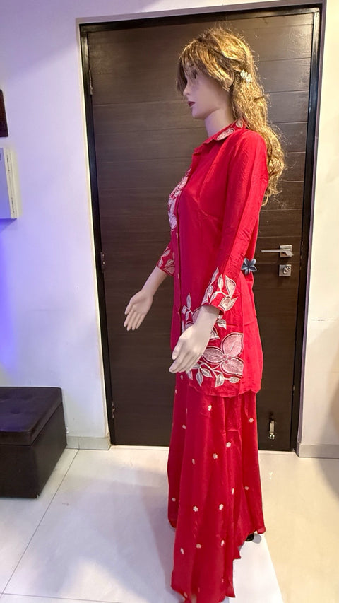 Puja Red Floral Embroidered Kurti with Sharara Set