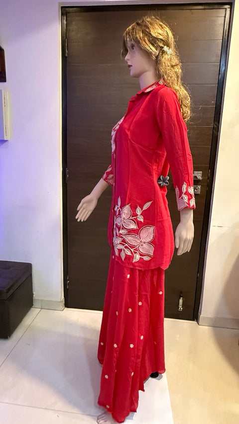 Puja Red Floral Embroidered Kurti with Sharara Set