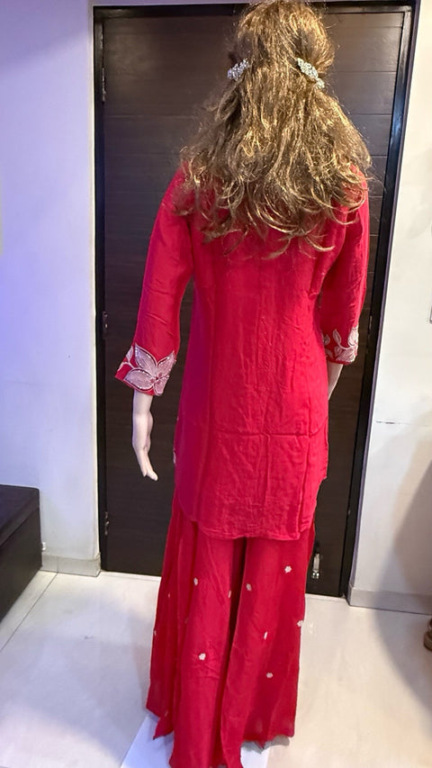 Puja Red Floral Embroidered Kurti with Sharara Set