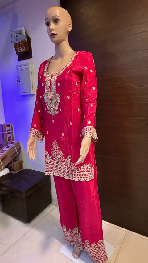 Puja Hot Pink Heavy Embroidered Kurti with Pants Set