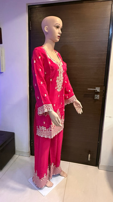 Puja Hot Pink Heavy Embroidered Kurti with Pants Set