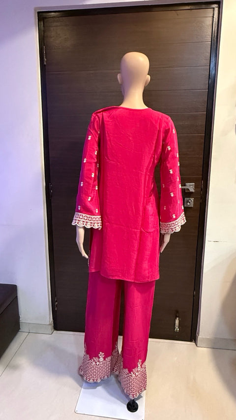 Puja Hot Pink Heavy Embroidered Kurti with Pants Set