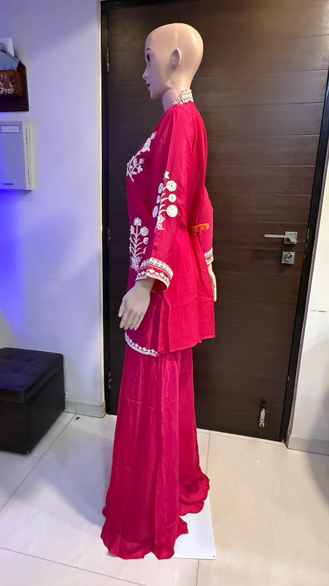 Puja Hot Pink Embroidered Kurti with Sharara Set