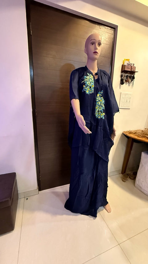 Puja Navy Blue Embroidered Kaftan Coord Set