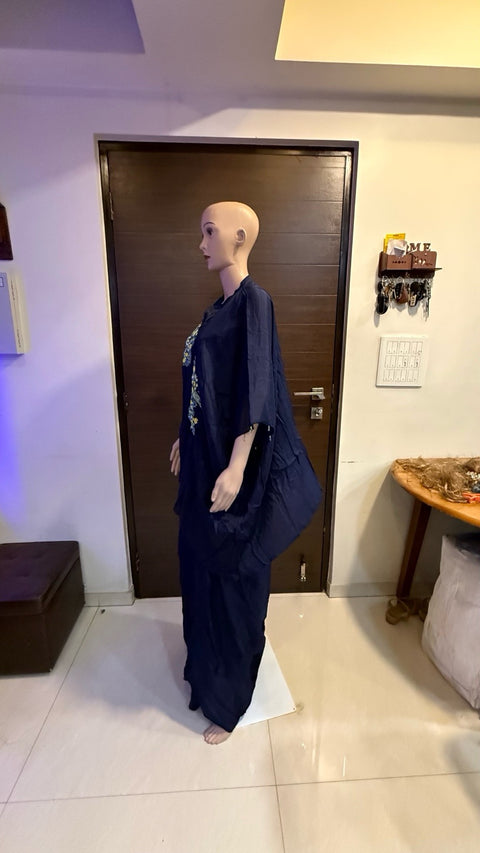 Puja Navy Blue Embroidered Kaftan Coord Set