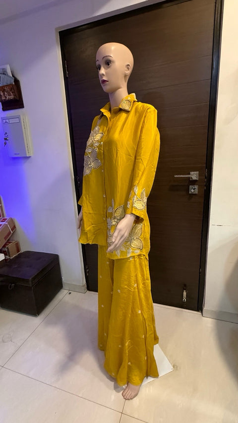 Puja Mustard Yellow Embroidered Shirt & Sharara Set