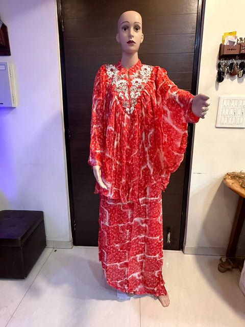 Puja Red & White Tie-Dye Kaftan Coord Set with Embroidered Neckline