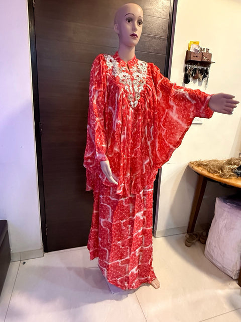 Puja Red & White Tie-Dye Kaftan Coord Set with Embroidered Neckline