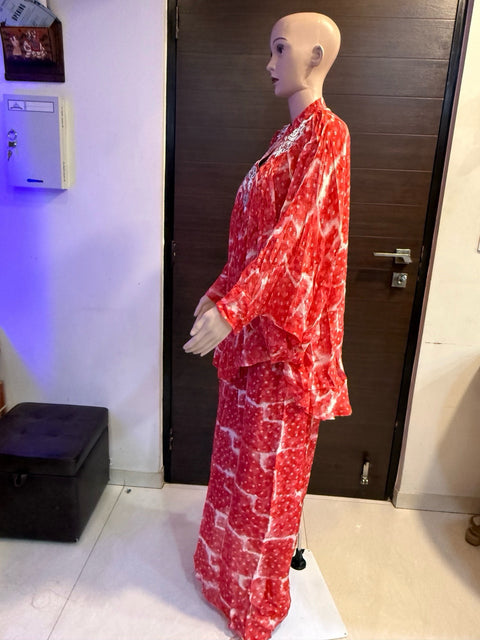 Puja Red & White Tie-Dye Kaftan Coord Set with Embroidered Neckline