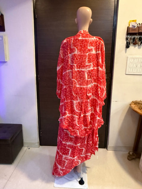 Puja Red & White Tie-Dye Kaftan Coord Set with Embroidered Neckline