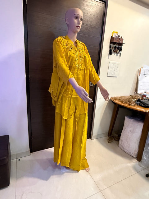 Puja Mustard Yellow Embroidered Kaftan Coord Set