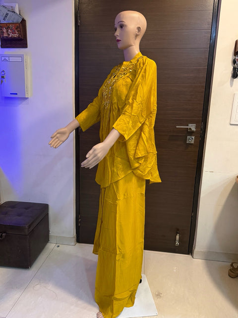 Puja Mustard Yellow Embroidered Kaftan Coord Set