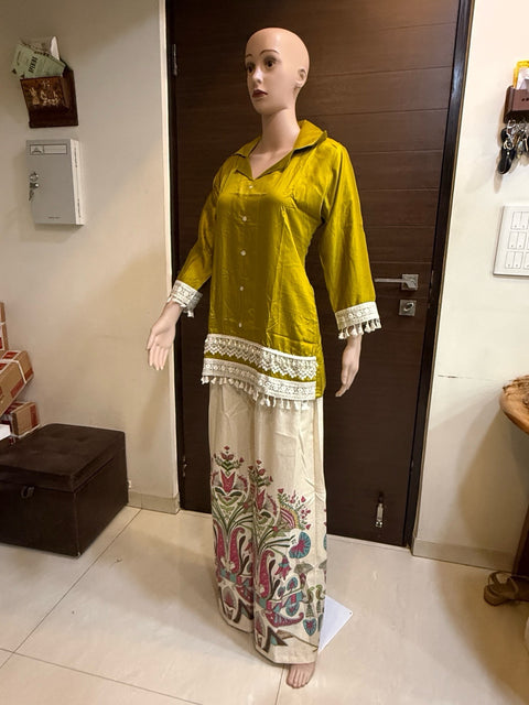 Puja Olive Green & Beige Printed Coord Set with Lace Detailing