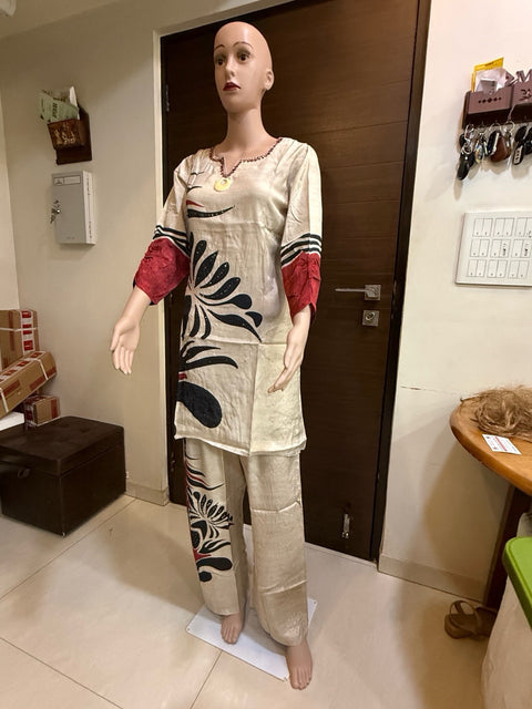 Puja Beige and Maroon Printed Kurti with Palazzo Cotton Blend