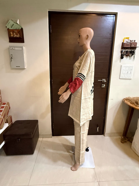 Puja Beige and Maroon Printed Kurti with Palazzo Cotton Blend