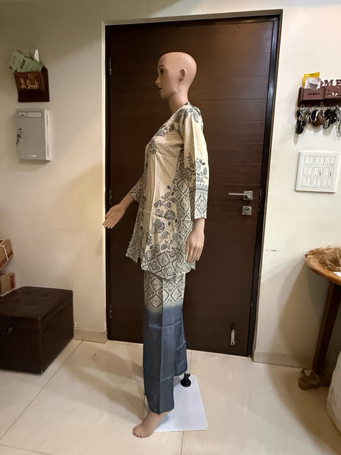 Puja Beige & Grey Printed Kurta Palazzo Set