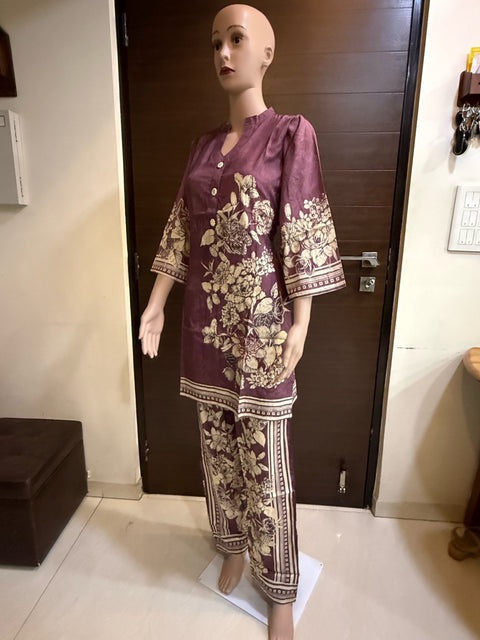 Puja Maroon Floral Print Kurti & Pants Set Cotton Blend