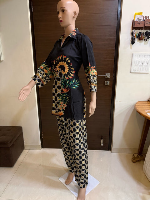 Puja Black Floral Print Shirt & Pant Coord Set