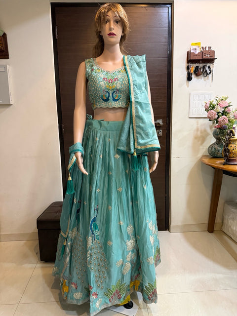 Toral Sea Green Peacock Embroidered Lehenga Choli Set