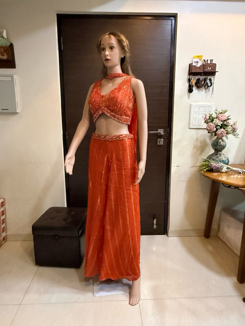 Toral Sequined Orange Crop Top with Palazzo Pants