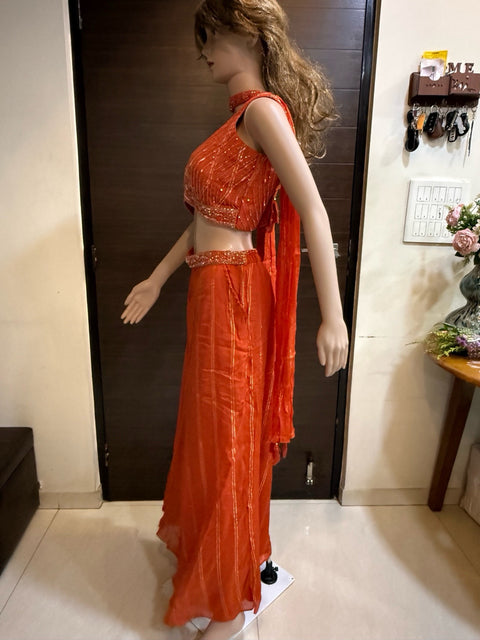 Toral Sequined Orange Crop Top with Palazzo Pants
