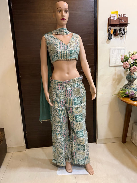Toral Teal Green Printed Crop Top with Wide-Leg Pants & Dupatta