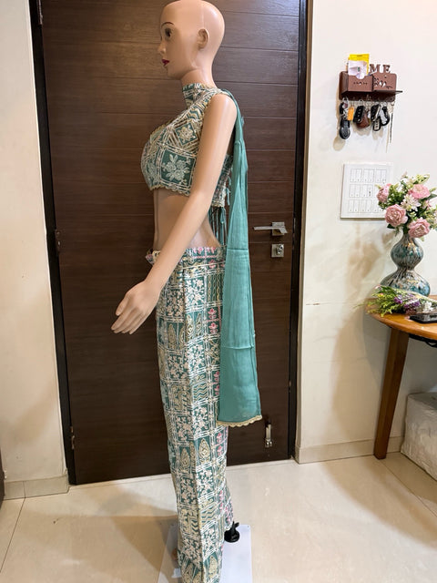 Toral Teal Green Printed Crop Top with Wide-Leg Pants & Dupatta