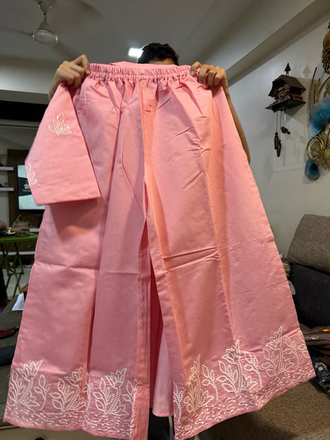 Mayuri II Blush Pink Cotton Embroidered Long Shirt with Palazzo Set