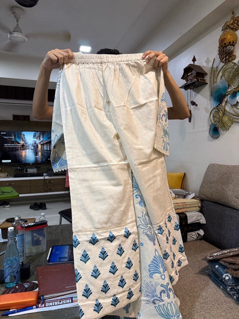 Mayuri II Ivory Cotton Blue Embroidered Kurta with Palazzo Set