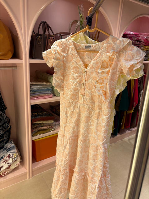 Womens Crinkled Floral Cotton Frock with Ruffle Sleeves